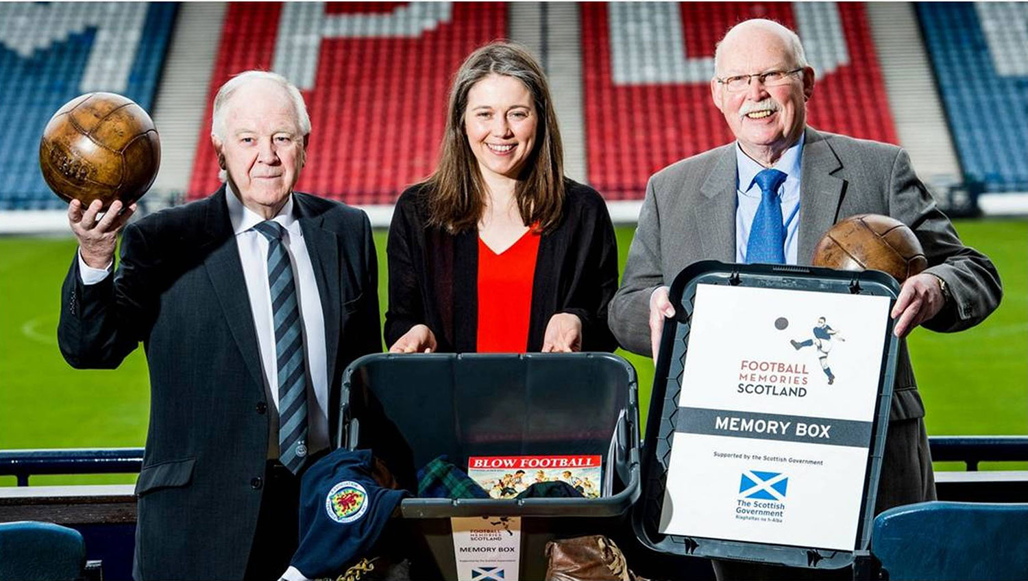 Aileen Campbell MSP, Minister for Public Health and Sport launches the Memory Box project with Craig Brown (Football Memories Ambassador) and Robert Craig, Chair of the Scottish Football Museum
